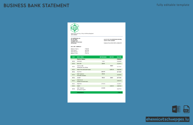 Beispiel eines Kontoauszugs für ein Basic Bank-Unternehmenskonto (Word- und PDF-Datei)